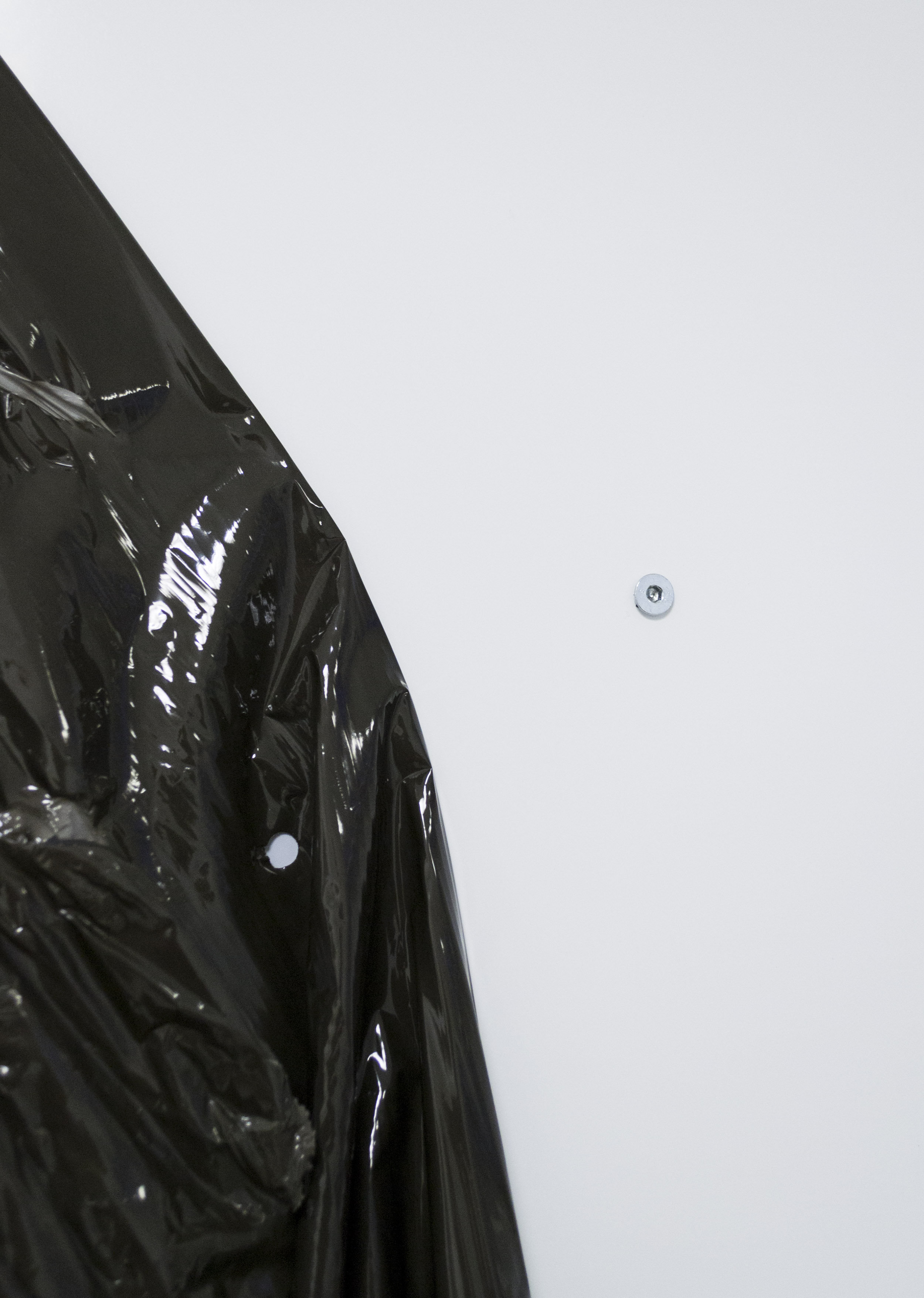 Retained Obstruction No.2, 2014 125 x 125 cm Dibond, Pulled off plastic protector, 3 M6 Allen screws, 1 3D printed and modified M6 Allen screw, remains of wall 