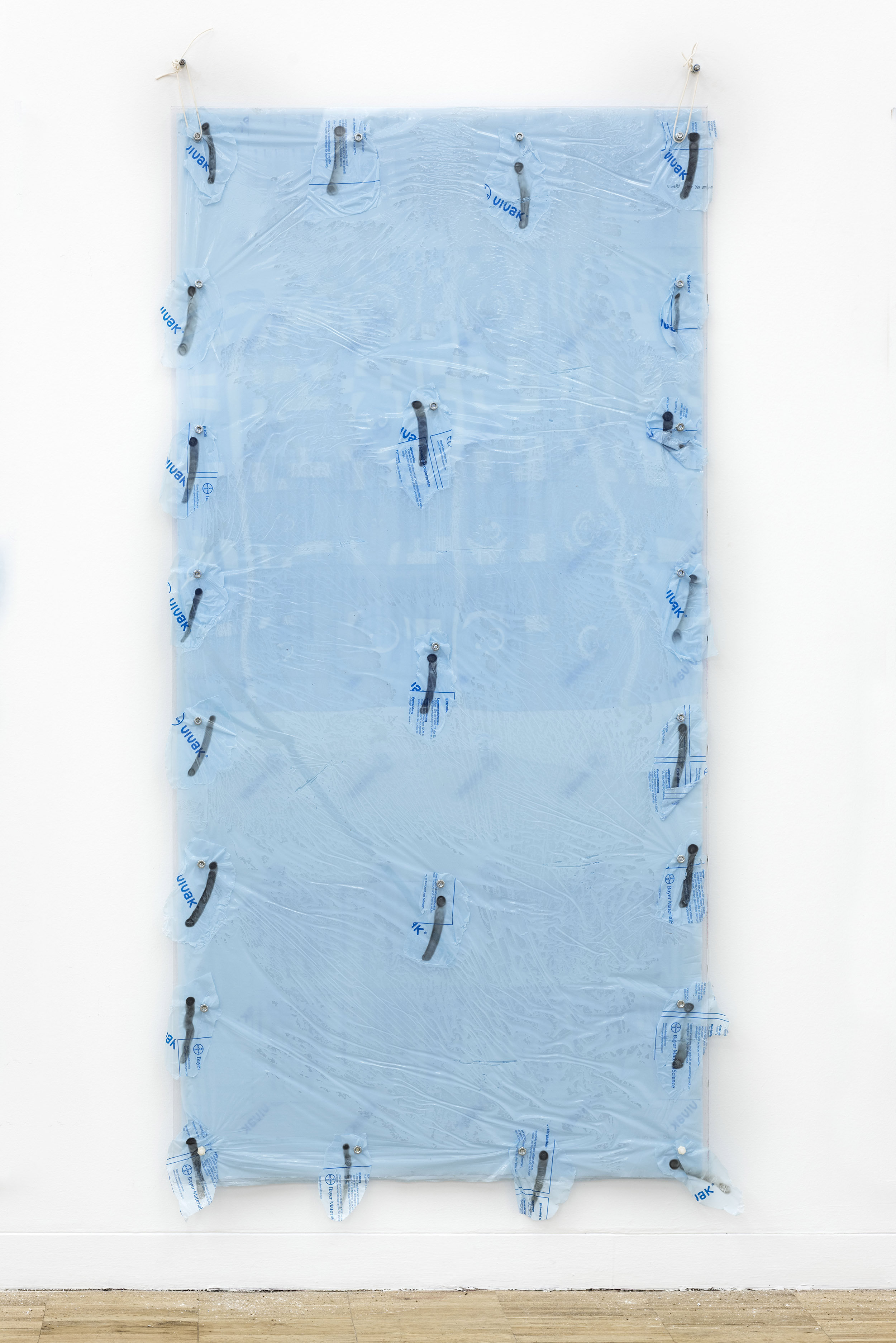 Oriended Combustions (Mechanical Miracle), 2016 Two polyester panels, industrial screws, 3D-printed screws (ABS), Fireproof ABS filament for 3D printing, Laser 