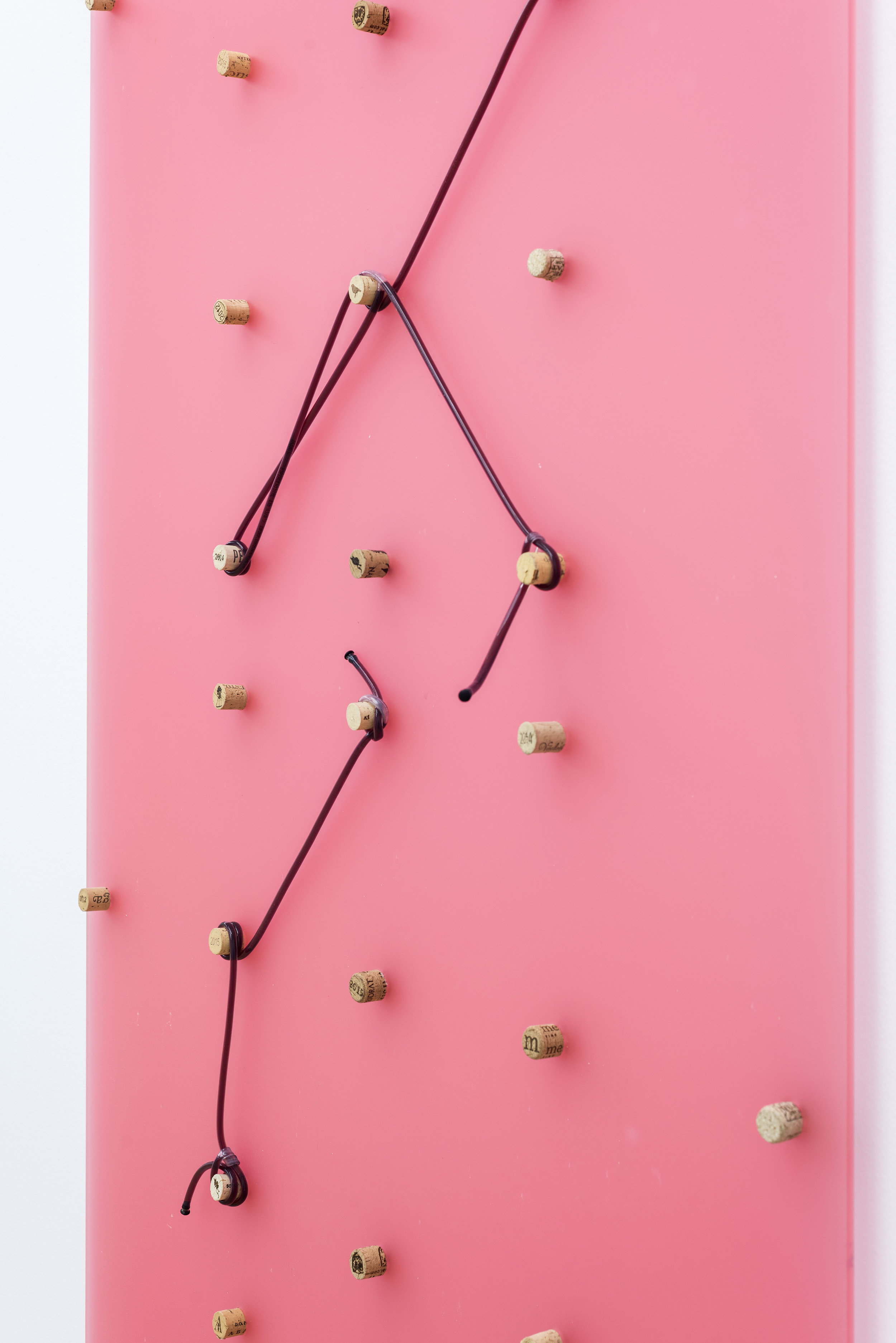 Handy Rule No. 5, 2016 Polymethyl methacrylate panel, cork stoppers, PVC hoses, bulk wine and wall dust 175 x 95 cm