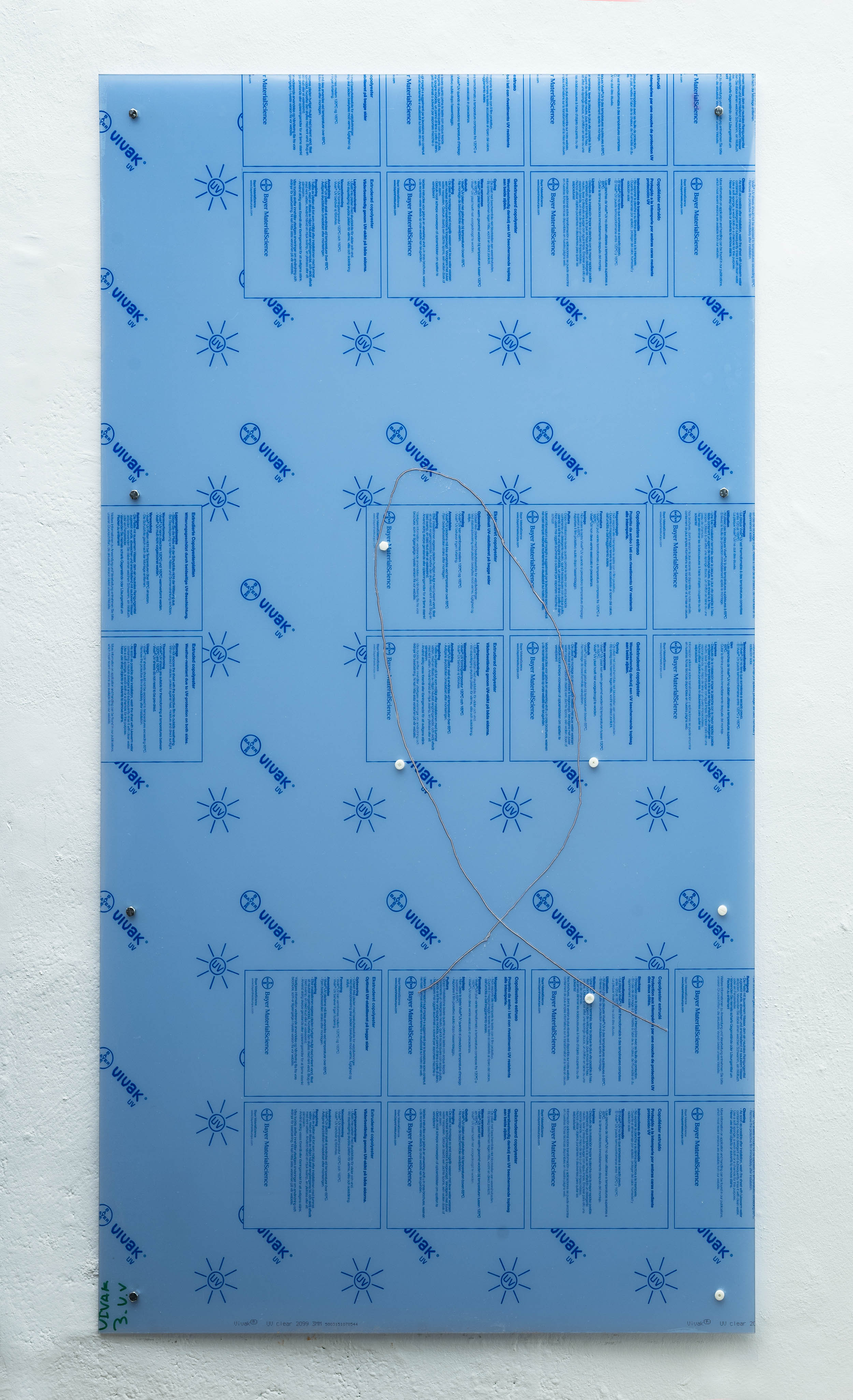 Handy Rule No. 2, 2016 Two polyester panels, industrial screws, 3D-printed screws (ABS), commercial aspirin, domestically synthesised aspirin and wall dust 180 