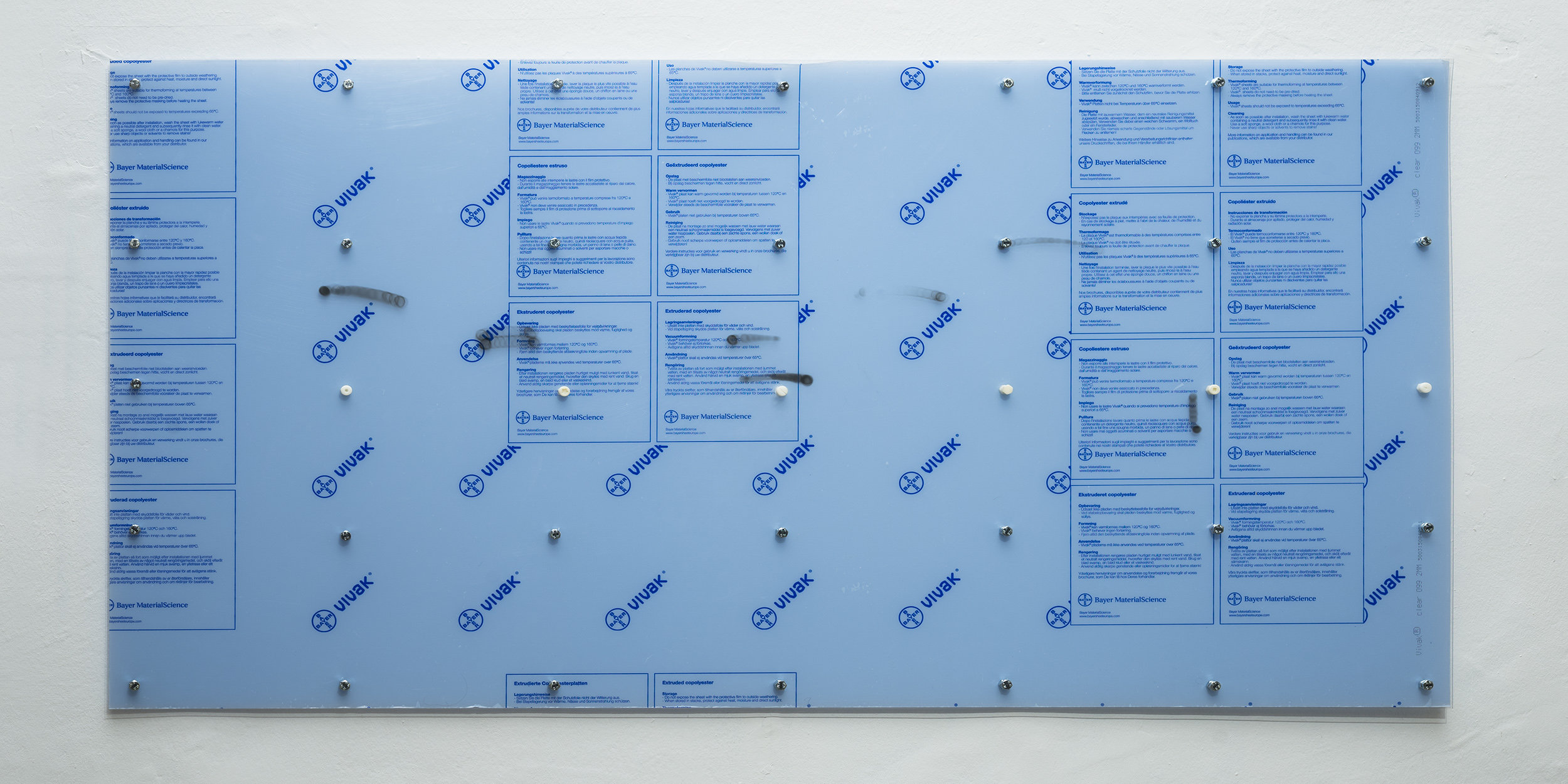 Oriented Combustions (Bayer in Leverkusen, 1988, and Bayer in Elberfeld, 1881), 2016 Two polyester panels, industrial screws, 3D-printed screws (ABS), soot and 