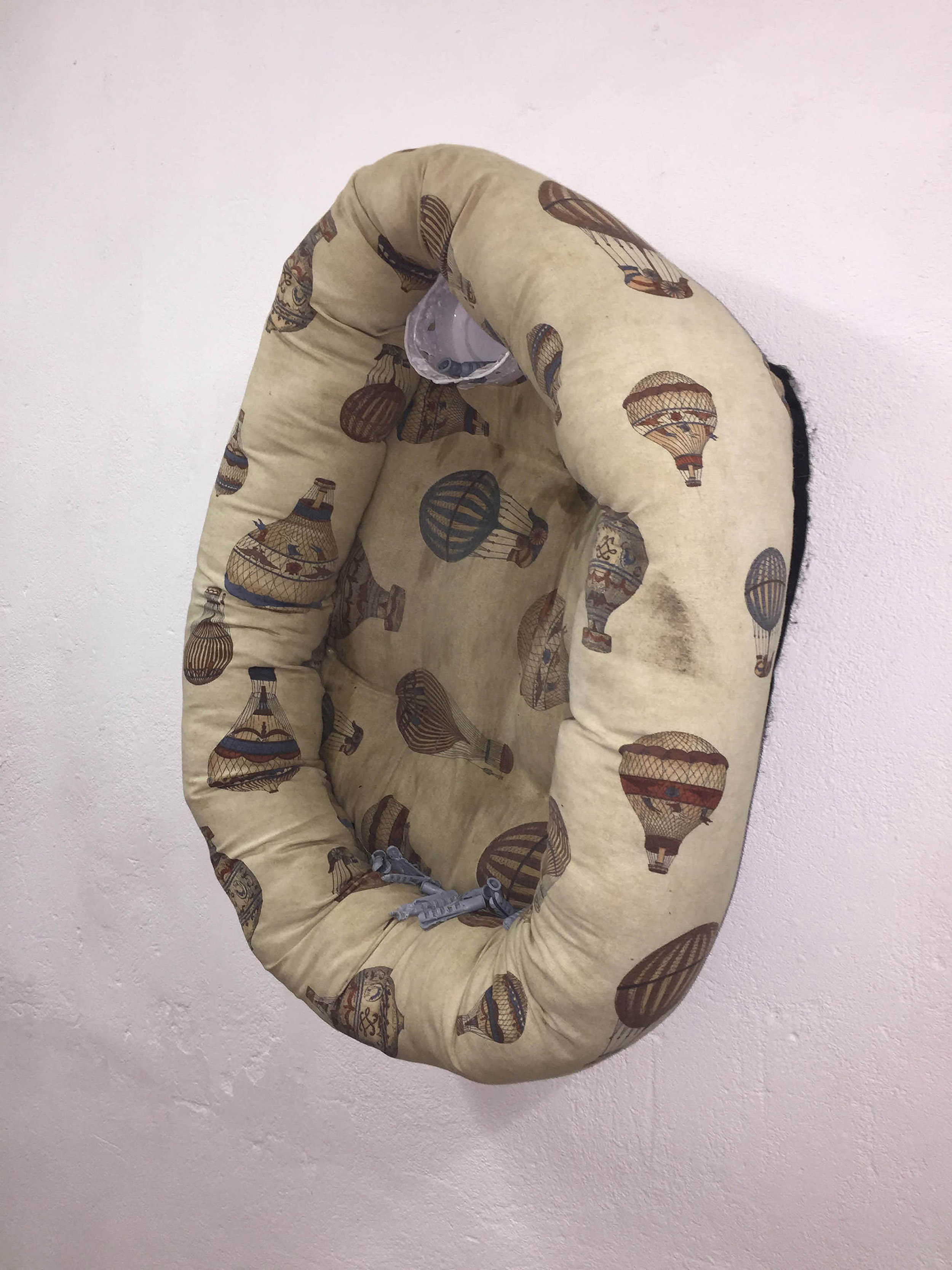 When animal impulses produce cultural objects No. 1. (Feedback, 2/2), 2018 Dog bed, wall plugs made in China and bitten by dog, Serrano ham fat, plastic chinese